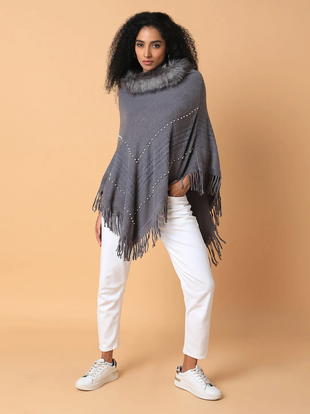 Women Solid Grey Longline Poncho