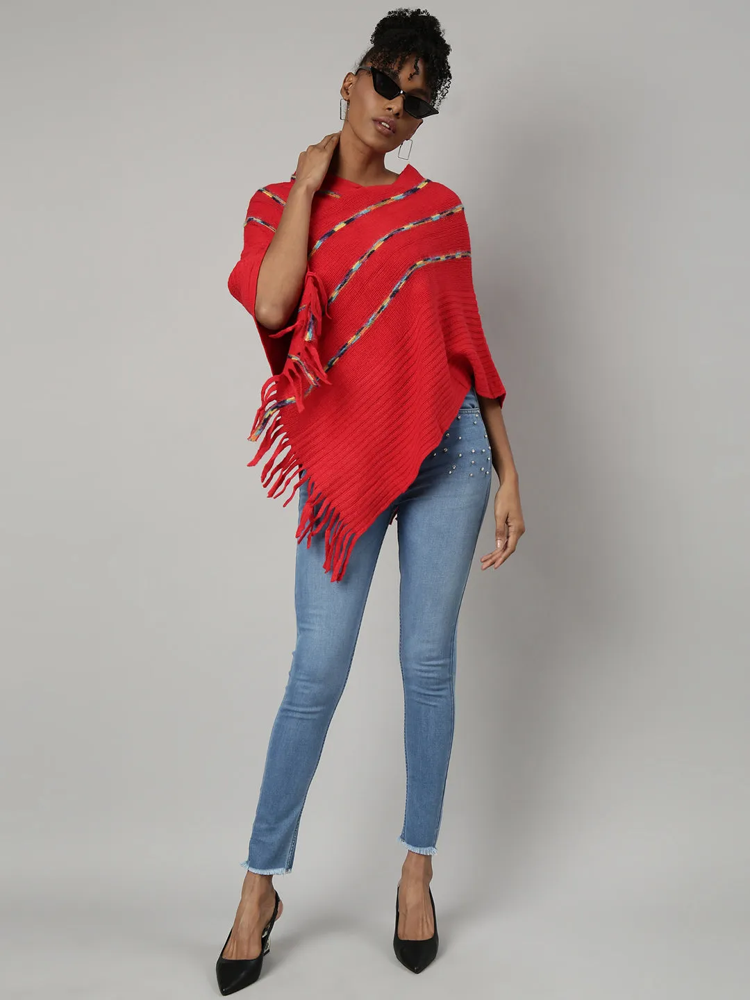 Women Striped Red Longline Poncho