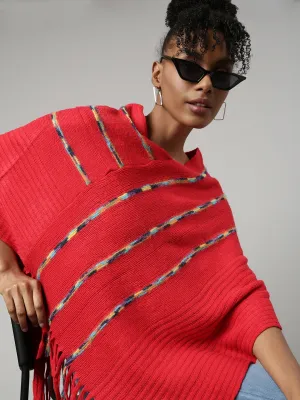 Women Striped Red Longline Poncho