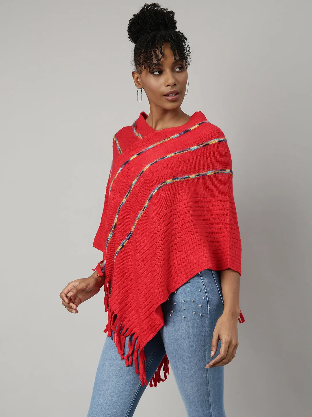 Women Striped Red Longline Poncho