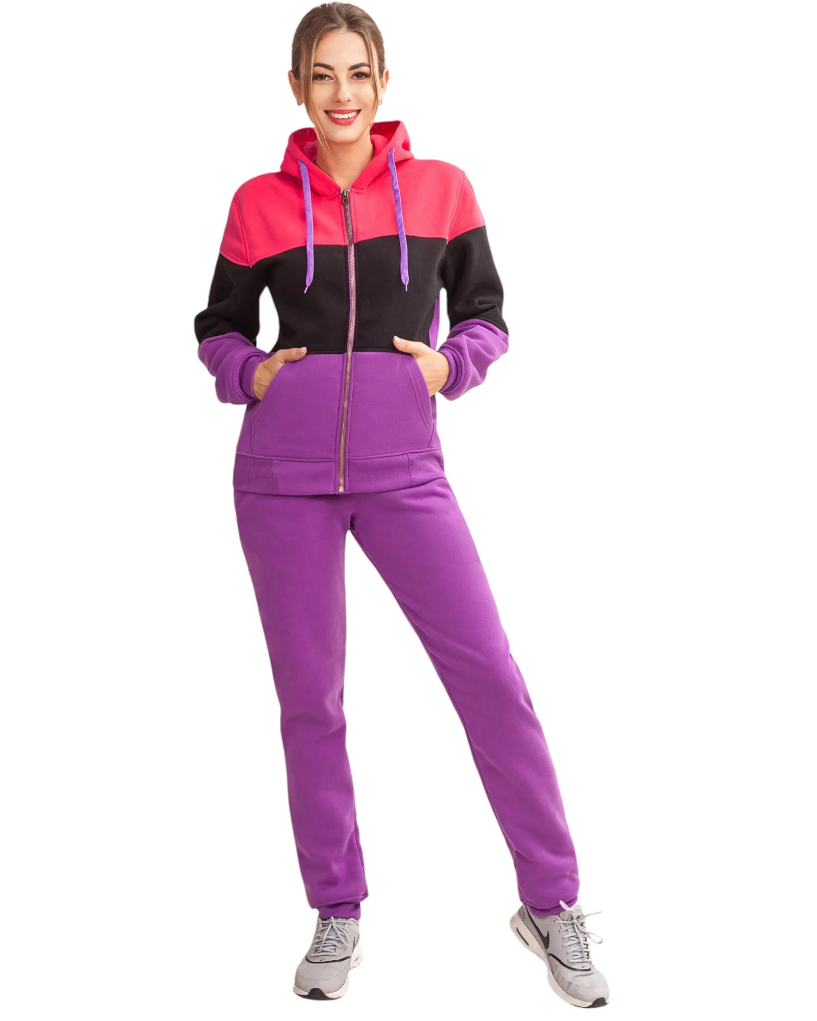 Women's ColorBlock Fleece SweatJacket and Jogger Sweatpants 2-Piece Fleece Suit