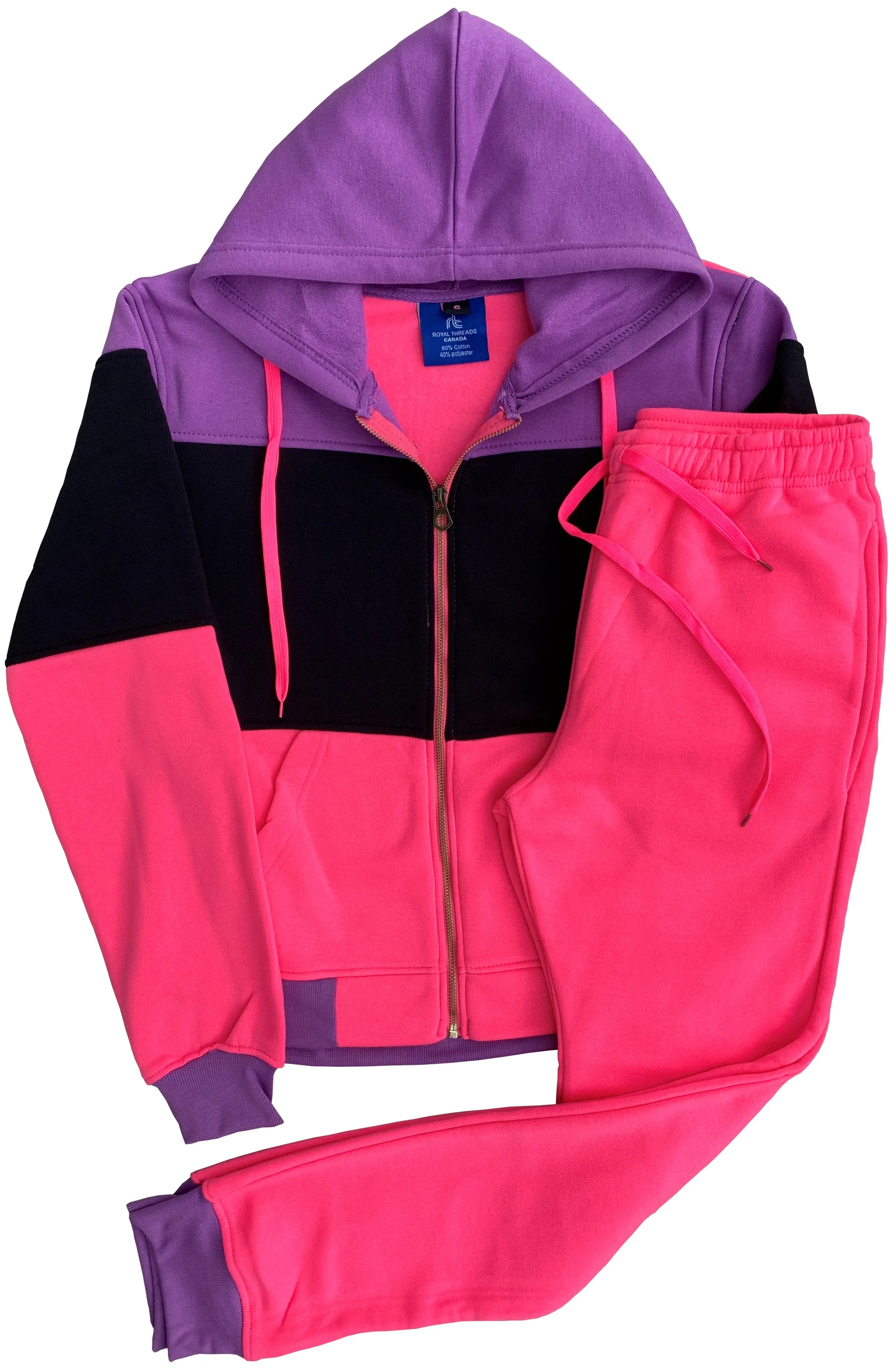 Women's ColorBlock Fleece SweatJacket and Jogger Sweatpants 2-Piece Fleece Suit