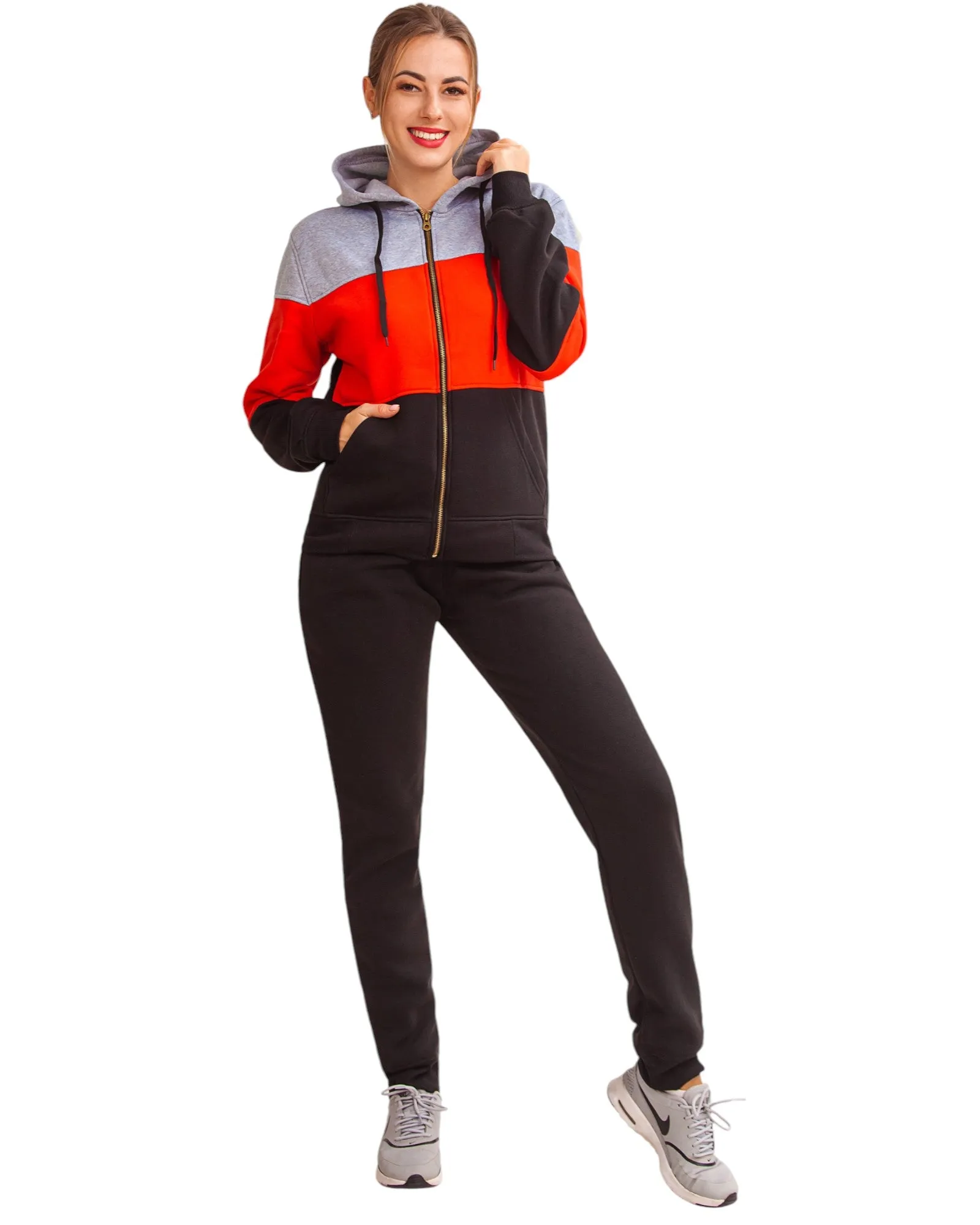 Women's ColorBlock Fleece SweatJacket and Jogger Sweatpants 2-Piece Fleece Suit