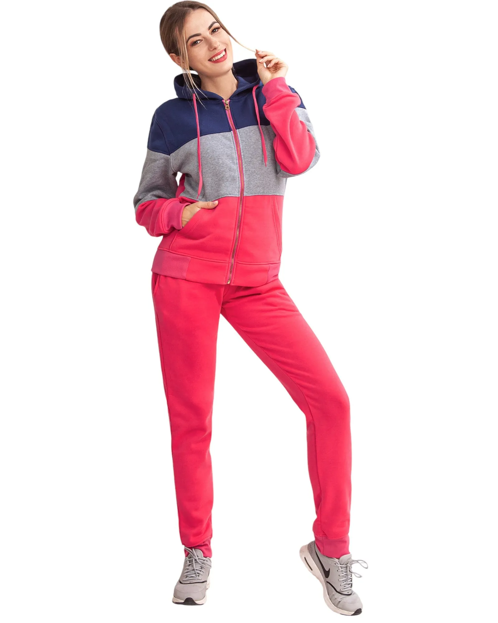 Women's ColorBlock Fleece SweatJacket and Jogger Sweatpants 2-Piece Fleece Suit