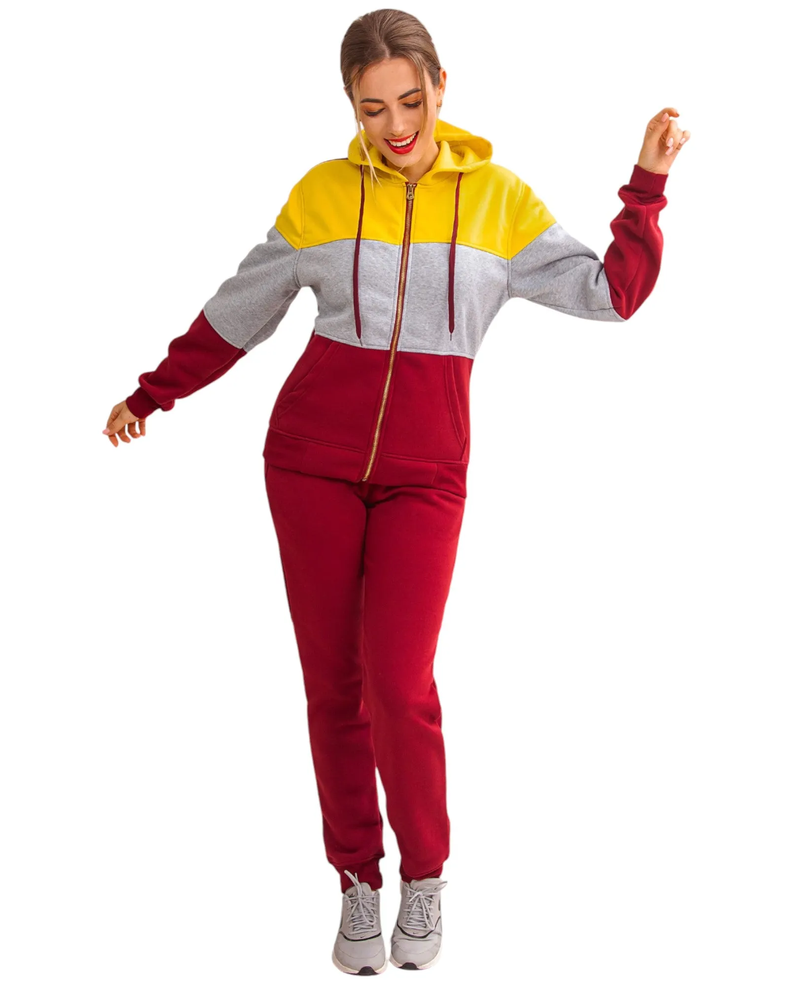 Women's ColorBlock Fleece SweatJacket and Jogger Sweatpants 2-Piece Fleece Suit