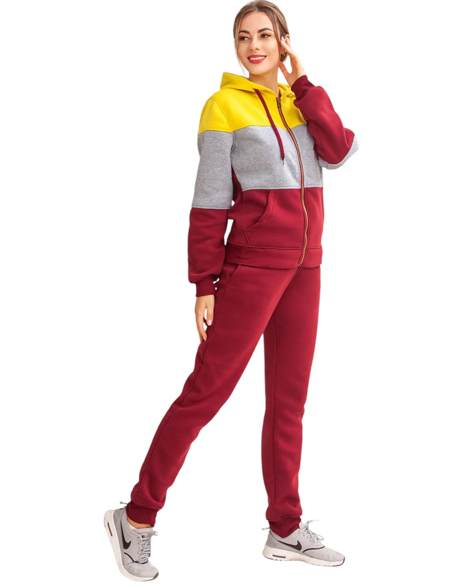 Women's ColorBlock Fleece SweatJacket and Jogger Sweatpants 2-Piece Fleece Suit