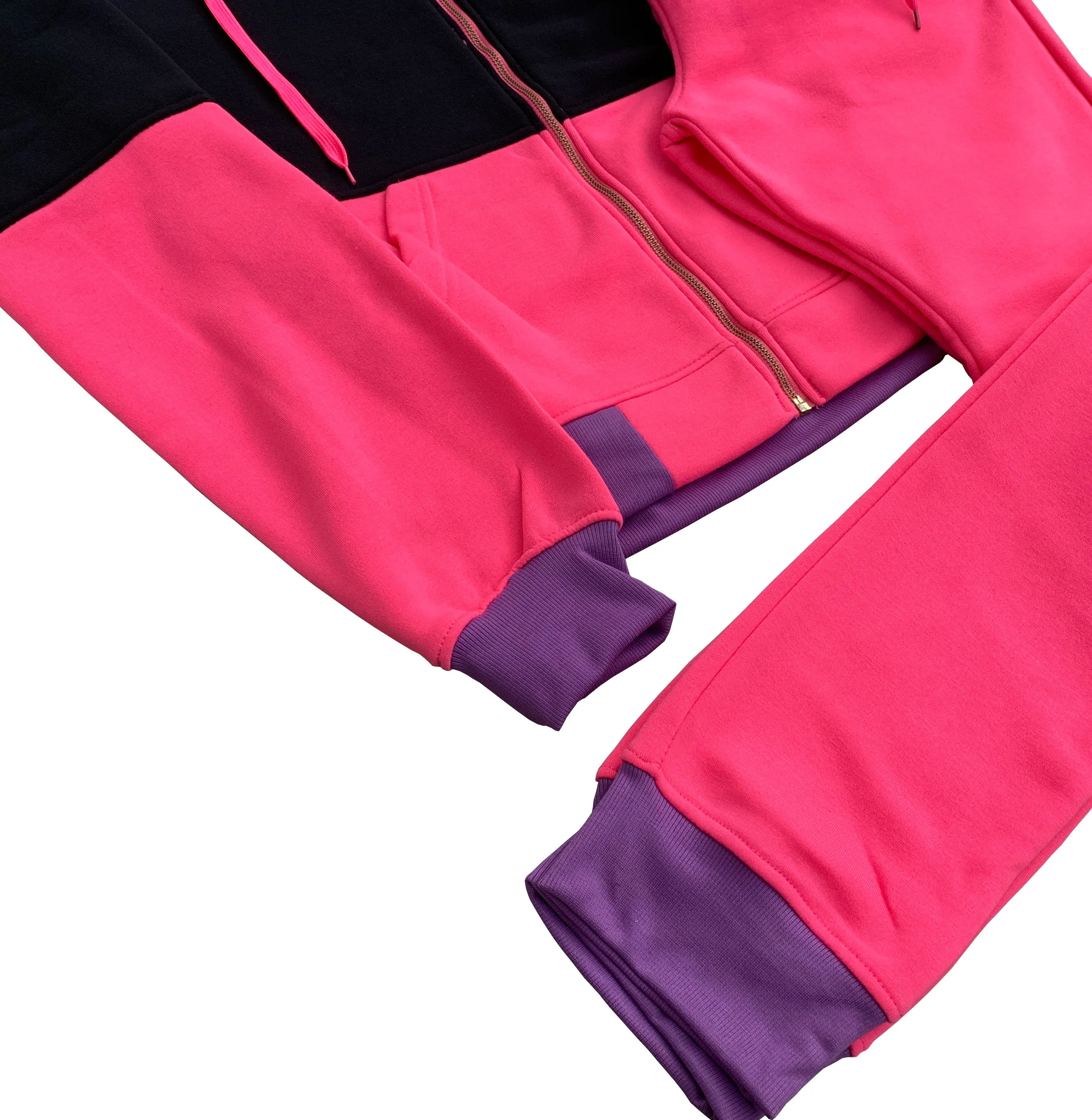 Women's ColorBlock Fleece SweatJacket and Jogger Sweatpants 2-Piece Fleece Suit