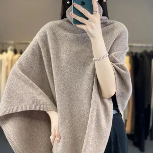 Women's High Neck Merino Wool Poncho