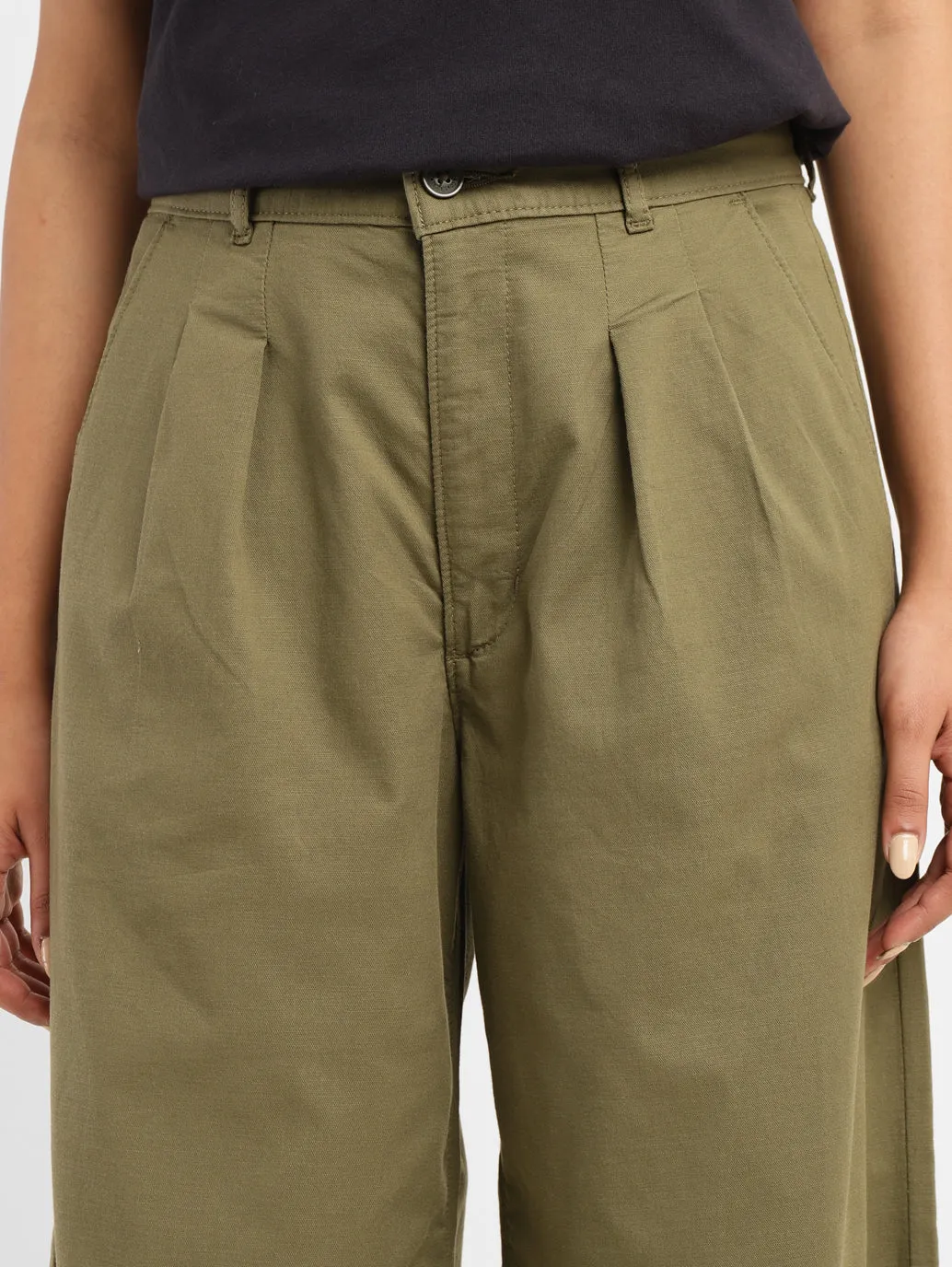 Women's High Rise Olive Loose Fit Trousers