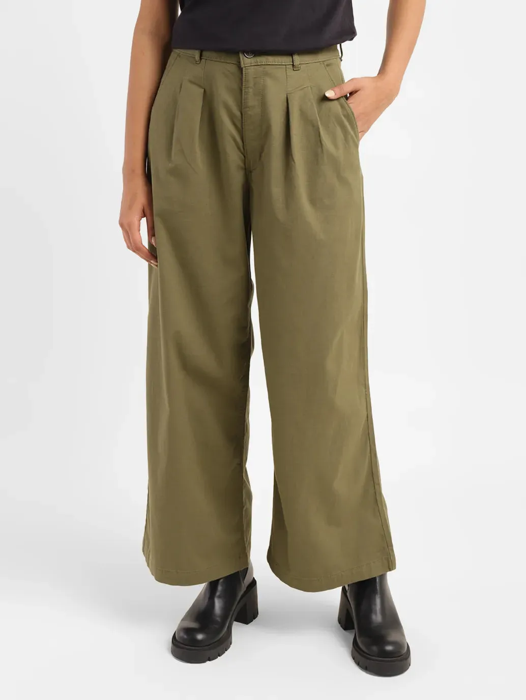 Women's High Rise Olive Loose Fit Trousers