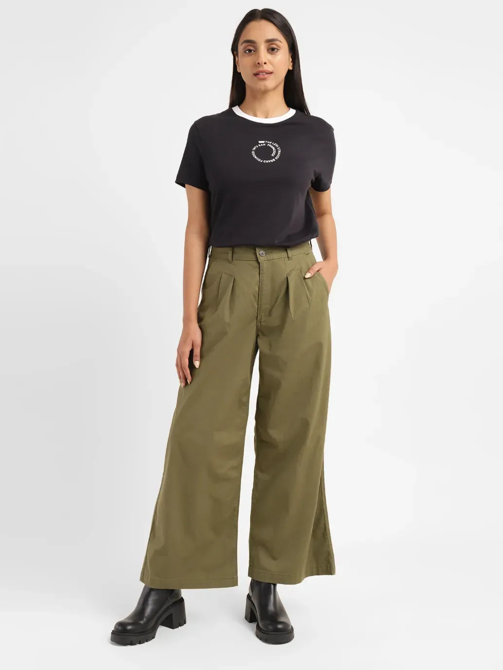 Women's High Rise Olive Loose Fit Trousers