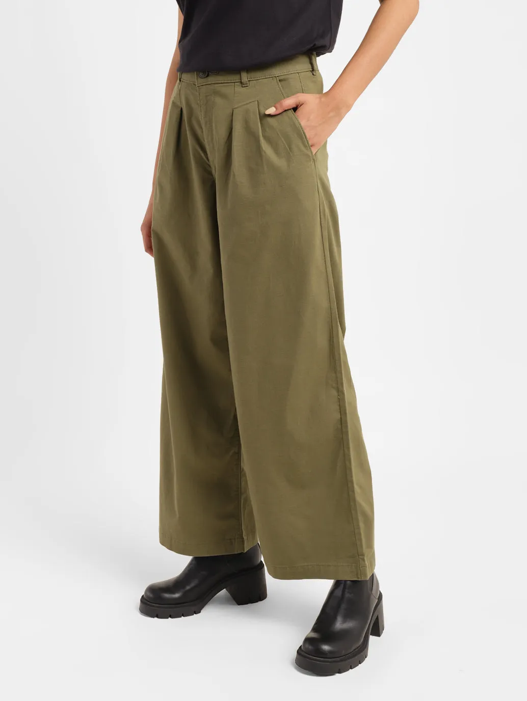 Women's High Rise Olive Loose Fit Trousers