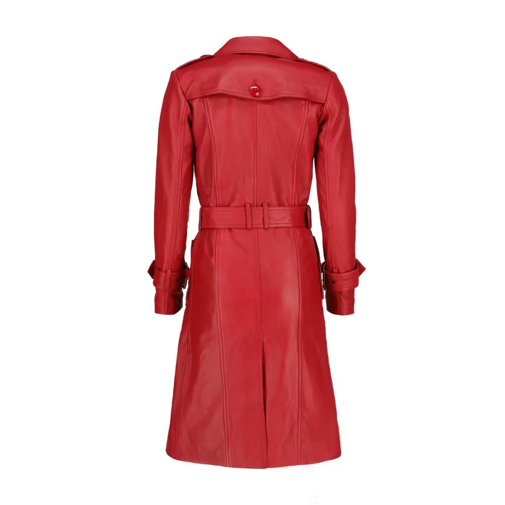 Womens Leather Long Coat-Red