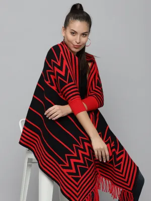 Women's Red Striped Poncho Sweater