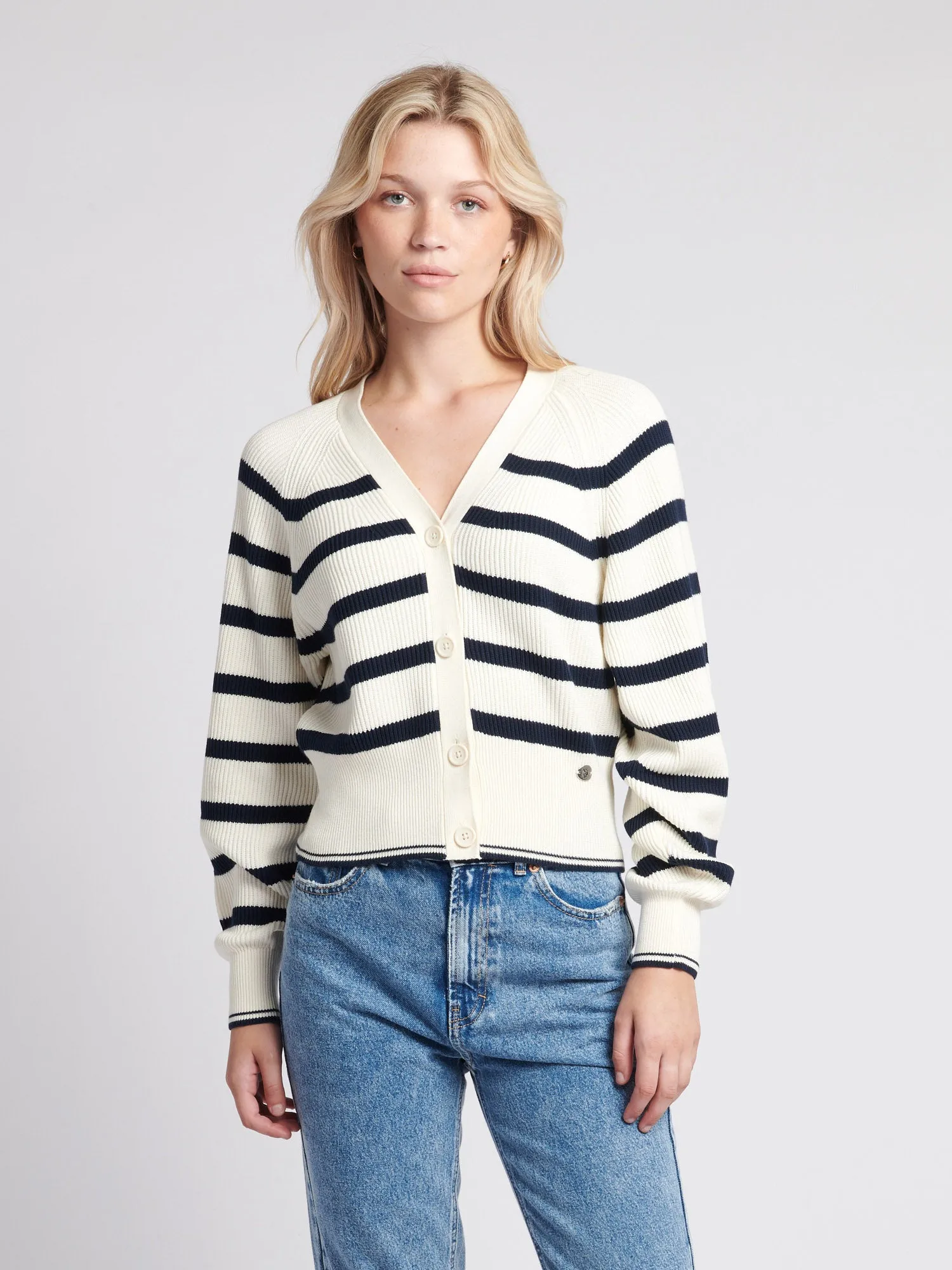 Womens Stripe Cropped Rib Cardigan in Egret