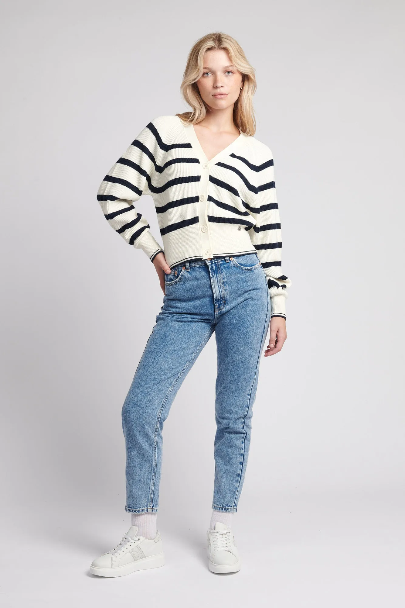 Womens Stripe Cropped Rib Cardigan in Egret