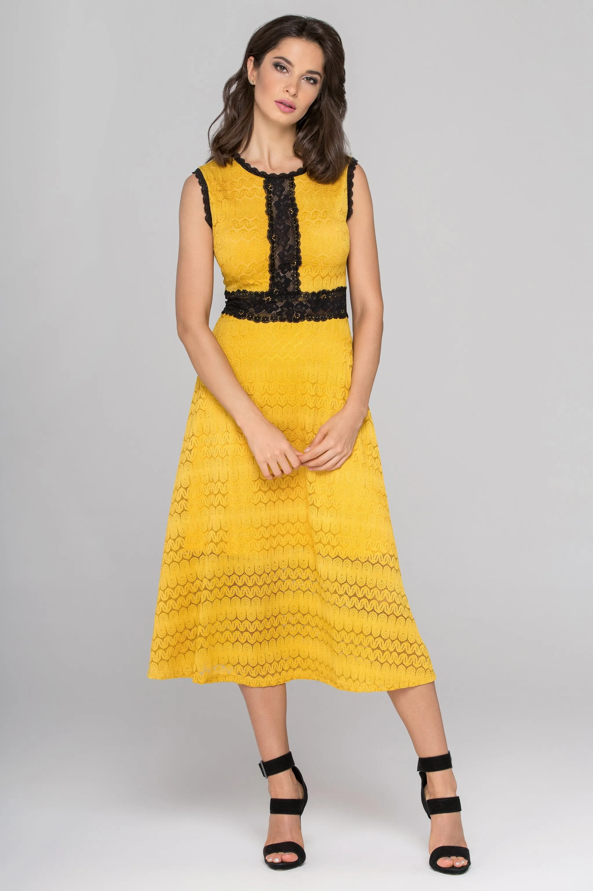 Yellow and Black Lace Midi dress