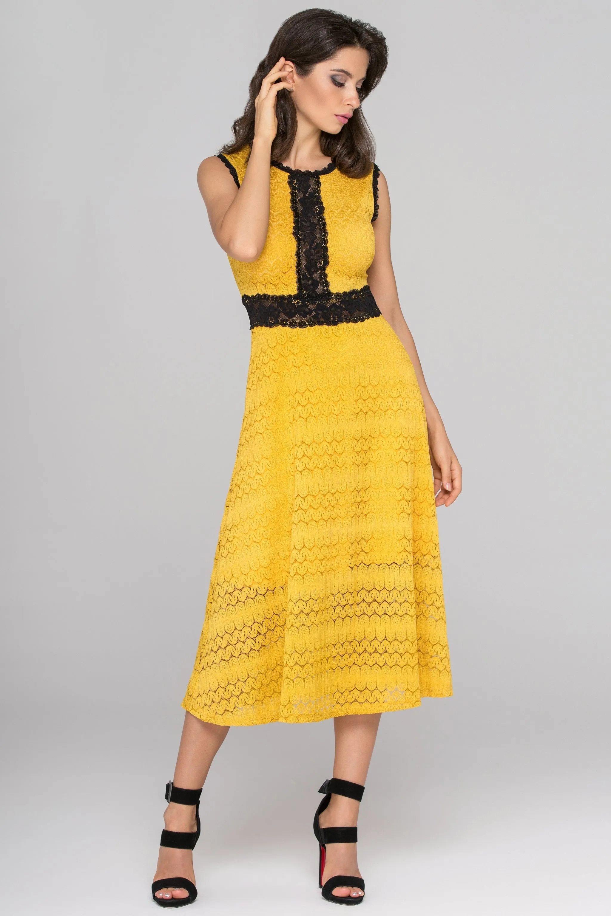 Yellow and Black Lace Midi dress