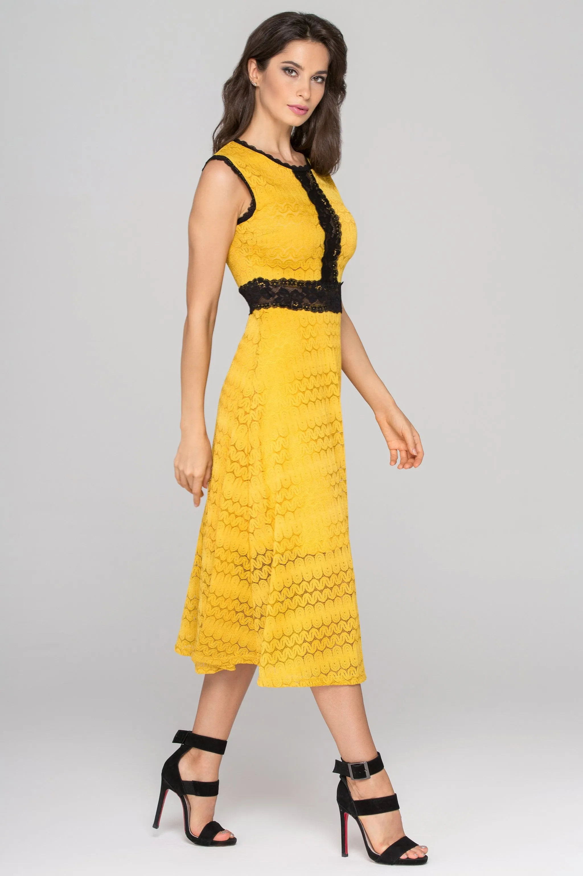 Yellow and Black Lace Midi dress