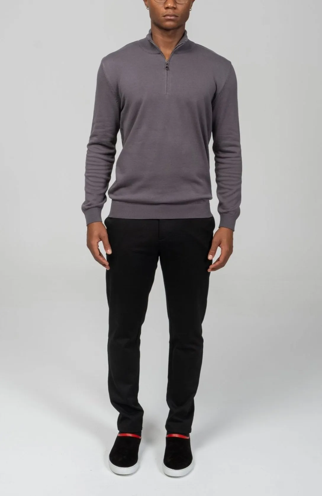 Zipper Closure Mock Neck Sweater - Anthracite