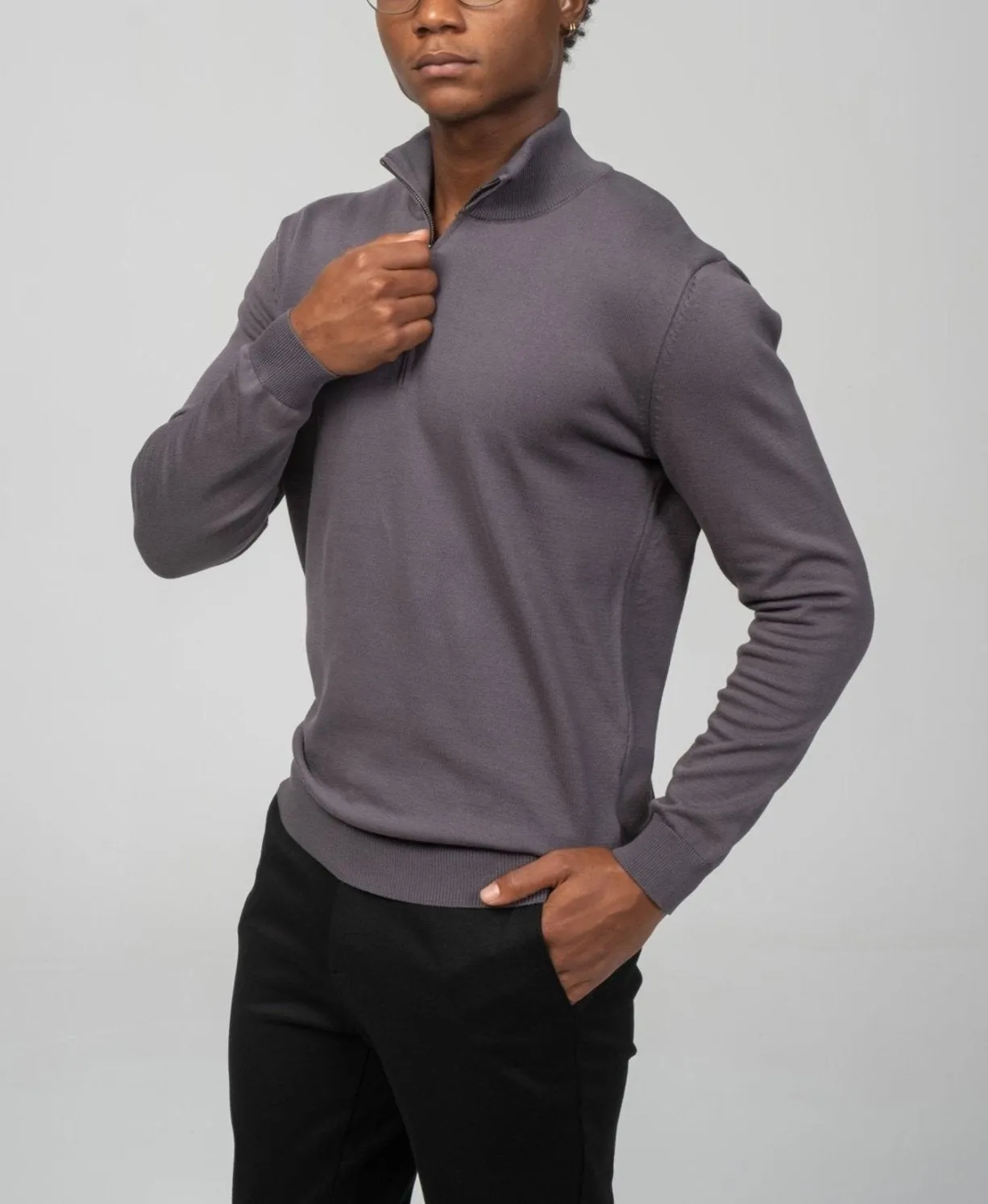 Zipper Closure Mock Neck Sweater - Anthracite